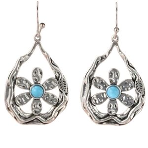 Silvertone Blue Floral Drop Earrings